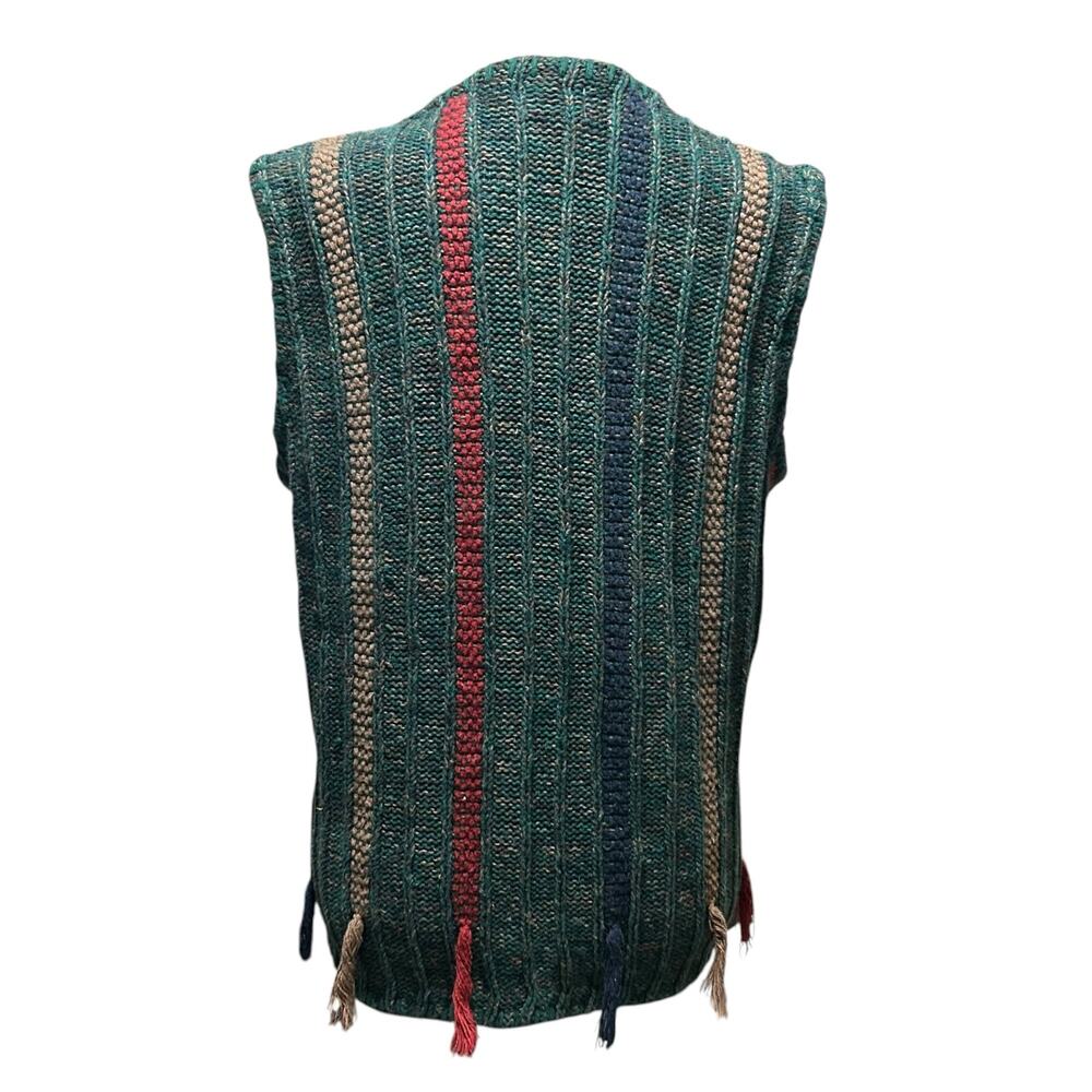 Vintage 90s Green Stripe Ramie Tassel Sweater Vest Cottagecore M Grandpacore - Picture 3 of 16
